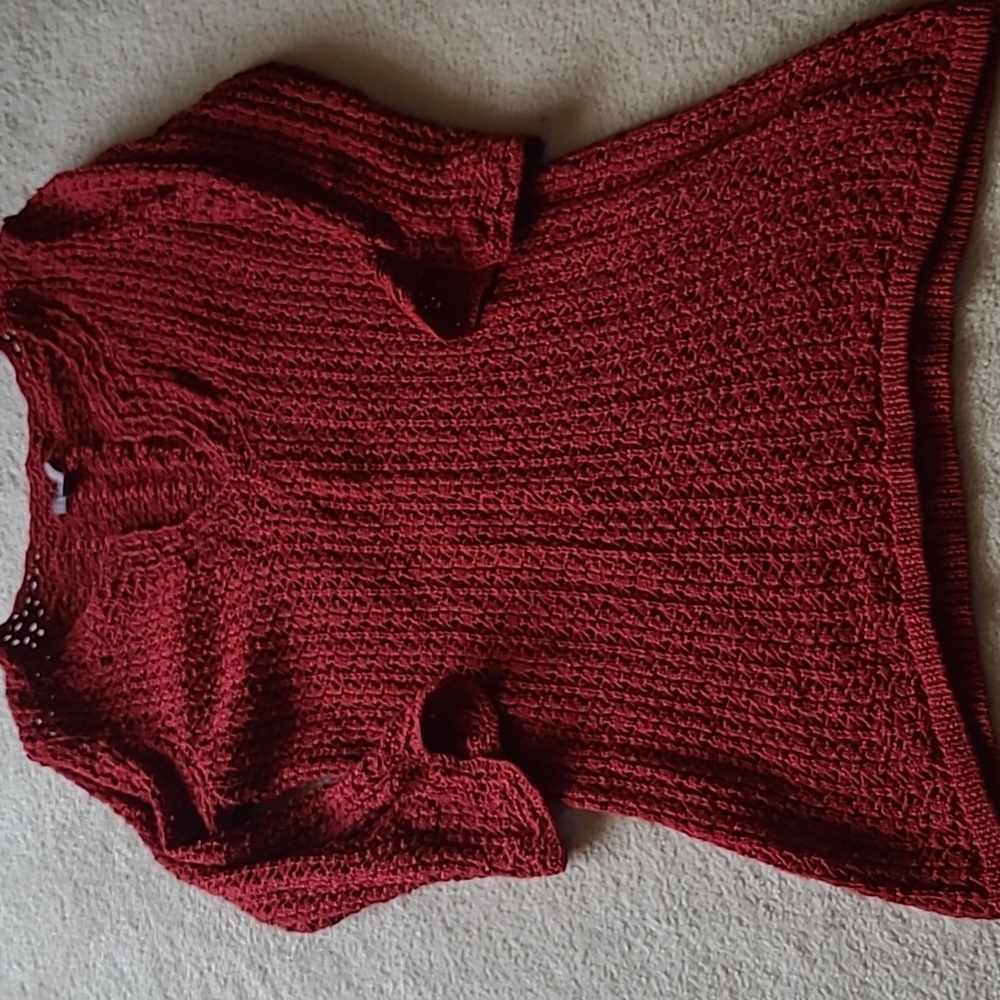 Ann Taylor Size M Red Crochet Cotton Sweater 3/4 Length Sleeve